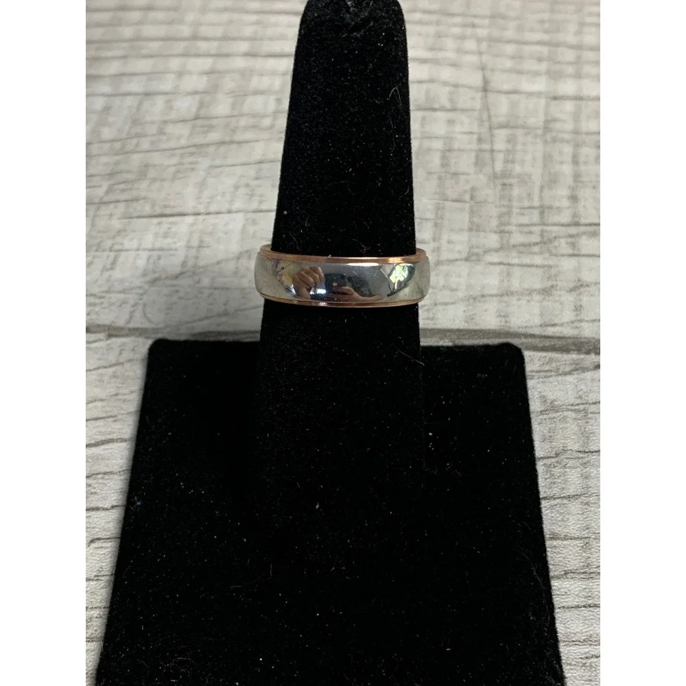 Two Tone Silver and Rose Gold Tone Comfort Fit Wedding Band Ring Size 8.25